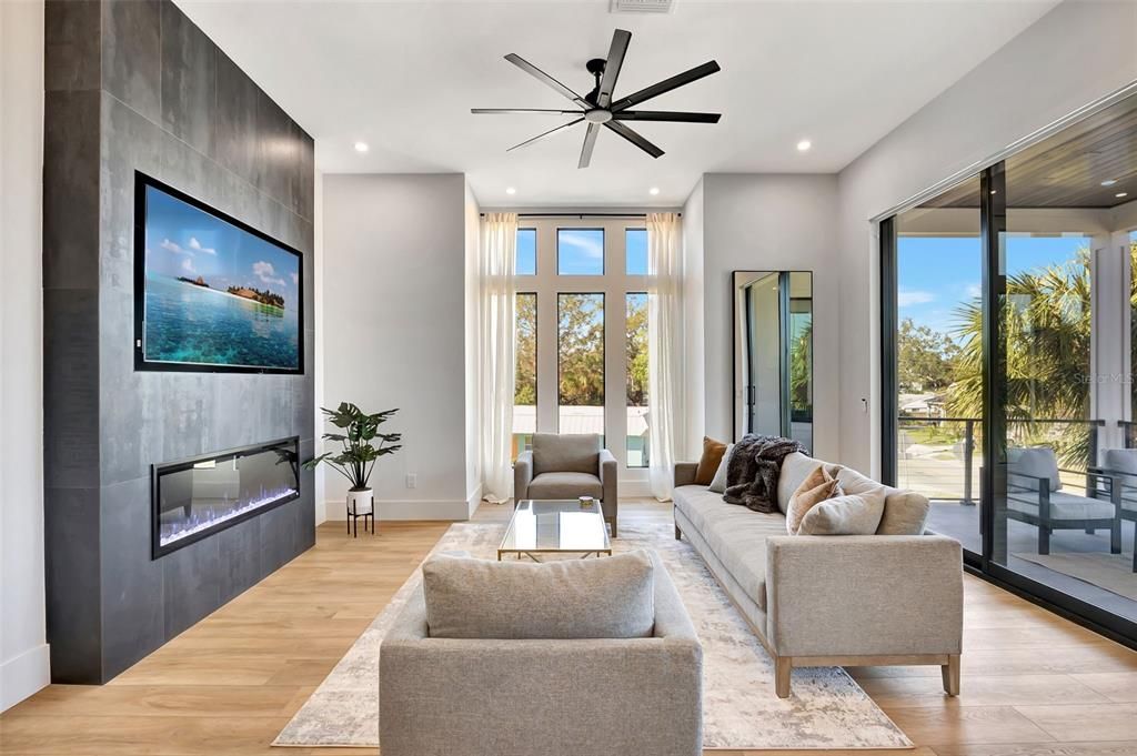 Fireplace, Interior, Living room, Recessed Lighting, Wood Texture Flooring