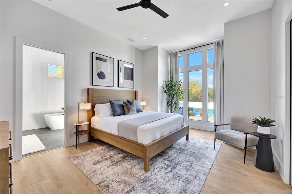Bedroom, Interior, Recessed Lighting, Wood Texture Flooring