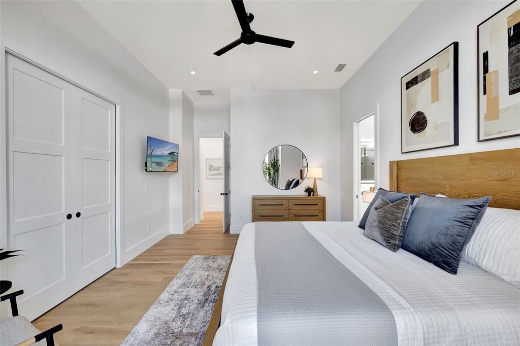 Bedroom, Interior, Recessed Lighting, Wood Texture Flooring