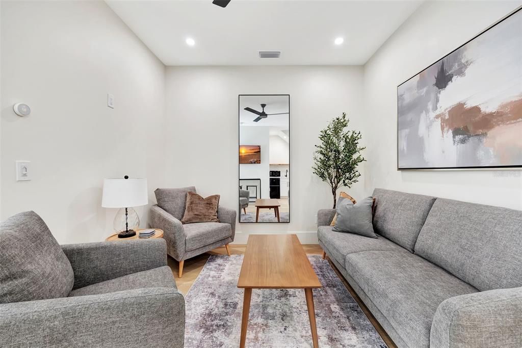 Fireplace, Interior, Living room, Recessed Lighting, Wood Texture Flooring