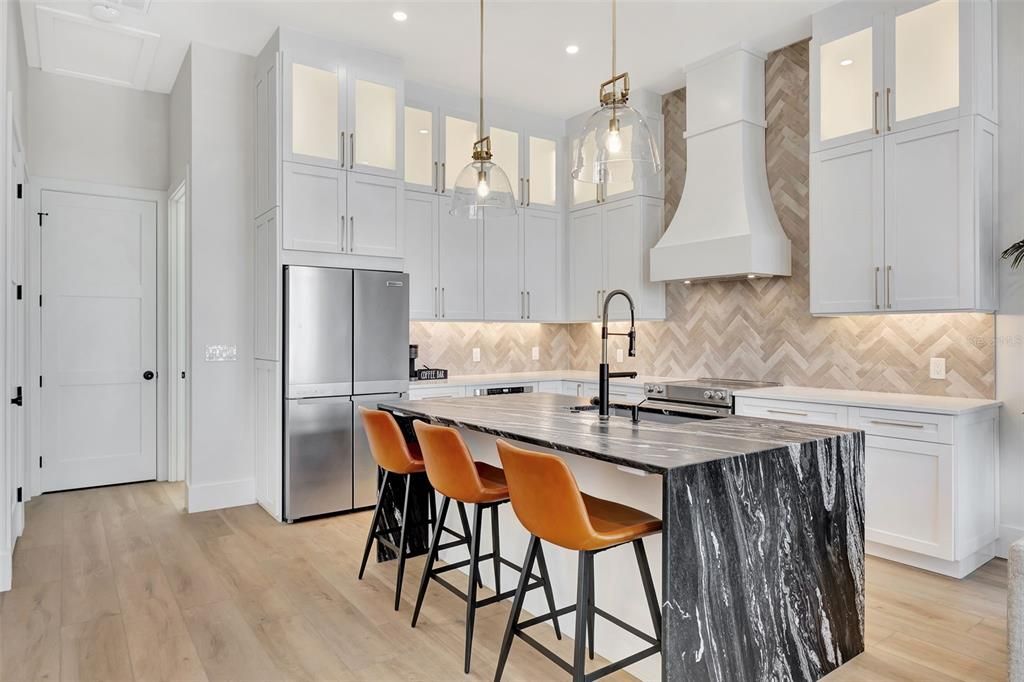 Interior, Kitchen, Pendant Lights, Recessed Lighting, Stainless Steel Appliances, Wood Texture Flooring