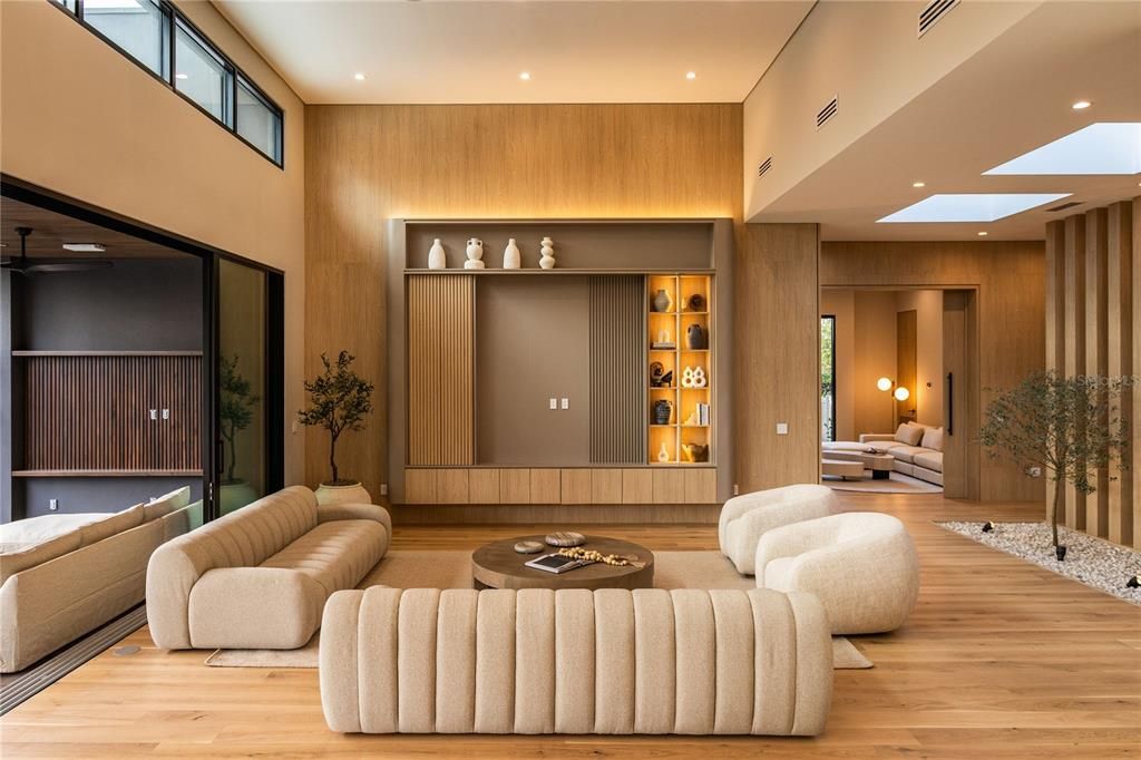 Interior, Living room, Recessed Lighting, Wood Texture Flooring, Wooden Walls