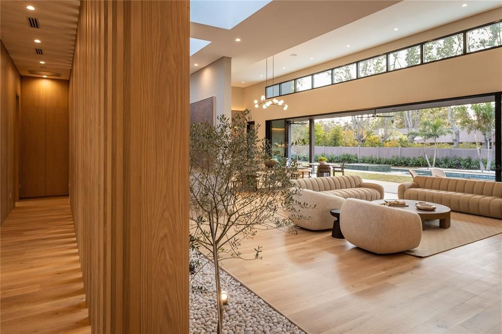 Interior, Living room, Pendant Lights, Recessed Lighting, Wood Texture Flooring, Wooden Walls