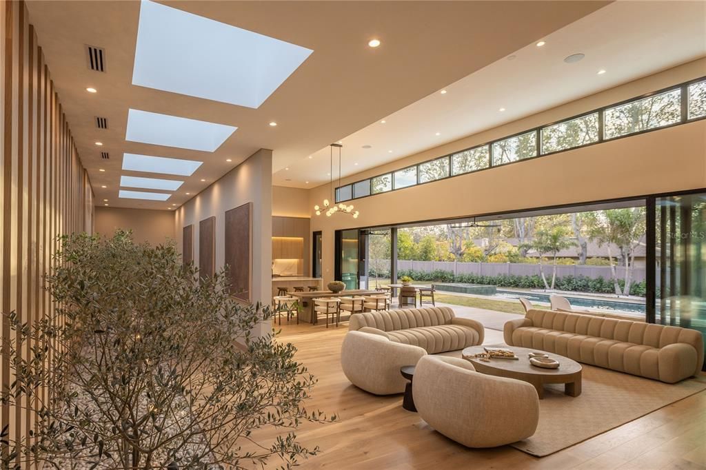 Dining room, Interior, Living room, Pendant Lights, Recessed Lighting, Wood Texture Flooring