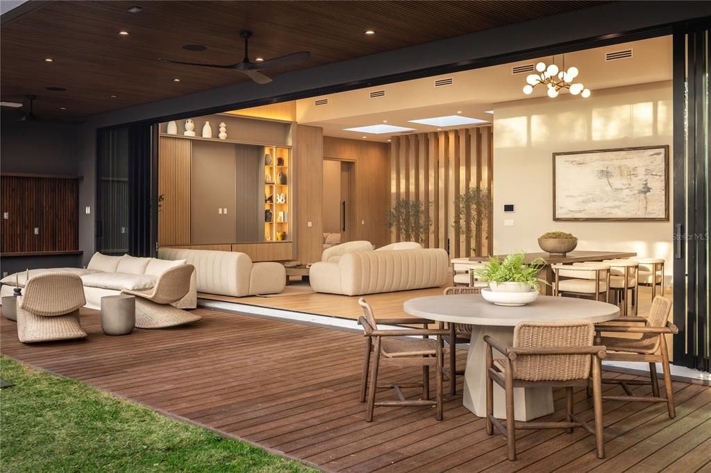 Dining room, Interior, Living room, Pendant Lights, Recessed Lighting, Wooden Ceilings, Wood Texture Flooring