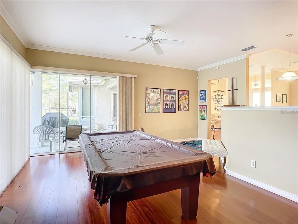 Billiard Table, Game Room, Interior, Pendant Lights, Wood Texture Flooring