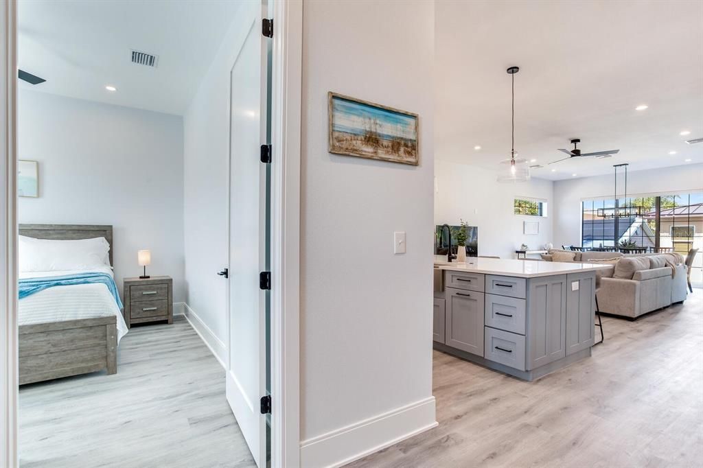 Bedroom, Interior, Pendant Lights, Recessed Lighting, Wood Texture Flooring