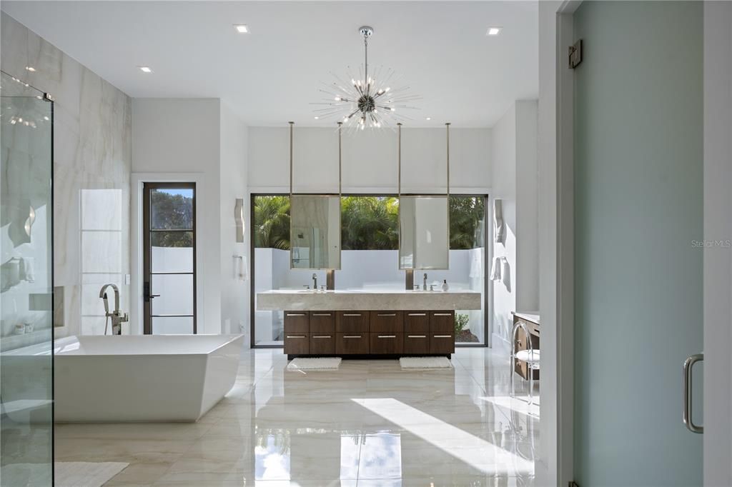 Bathroom, Dual Sink Vanities, Free Standing Baths, Glass Shower, Interior, Marble, Pendant Lights, Recessed Lighting