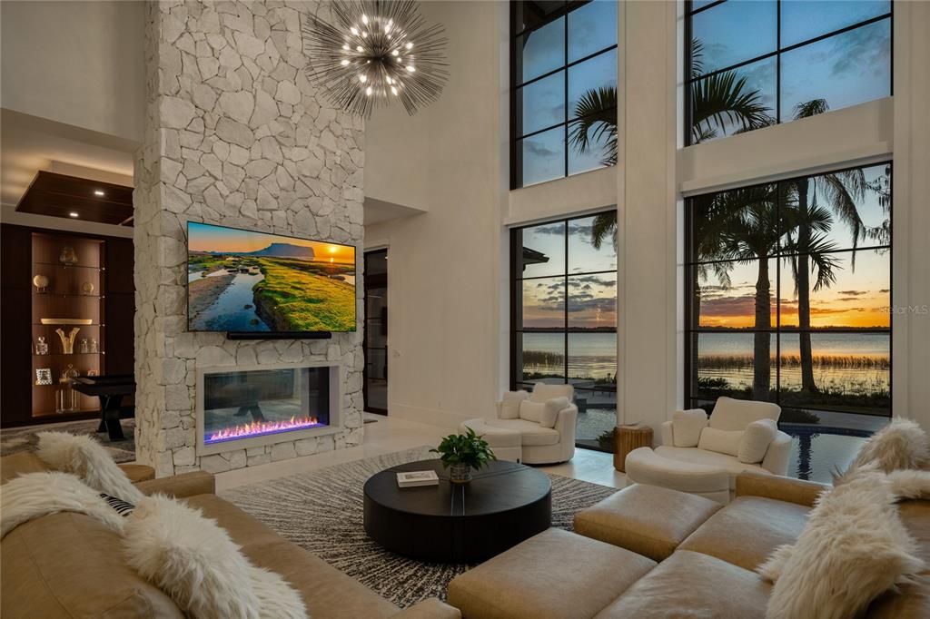 Fireplace, Interior, Living room, Pendant Lights, Stone Walls, Water