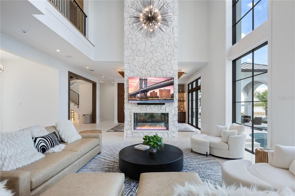Fireplace, Interior, Living room, Pendant Lights, Recessed Lighting, Stone Walls