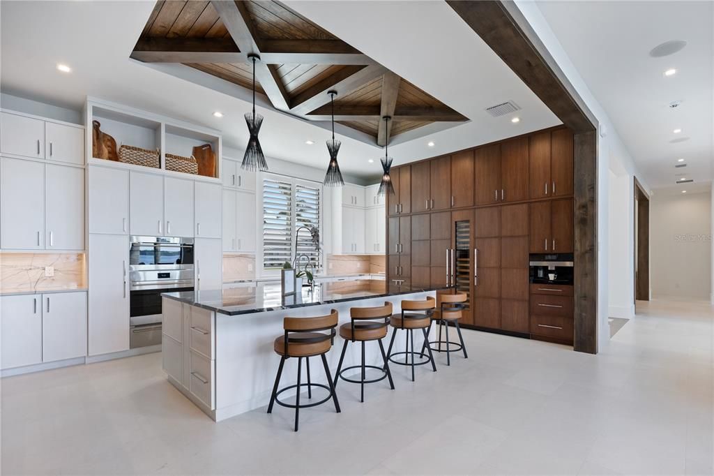Interior, Kitchen, Pendant Lights, Recessed Lighting, Stainless Steel Appliances, Wooden Beams, Wooden Ceilings