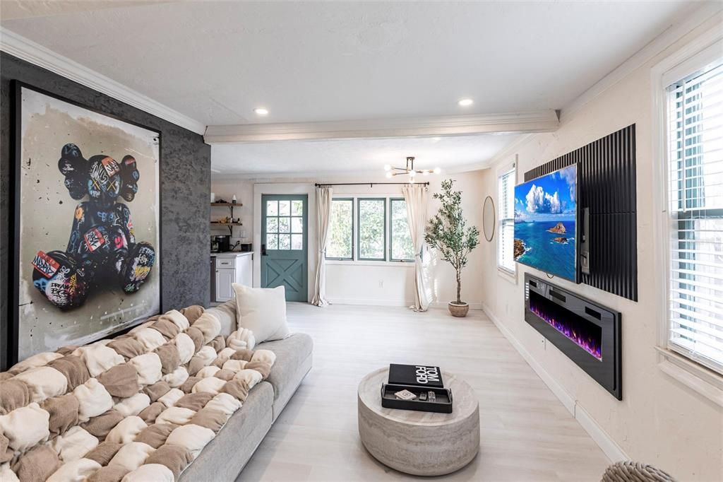 Fireplace, Interior, Living room, Recessed Lighting, Wood Texture Flooring