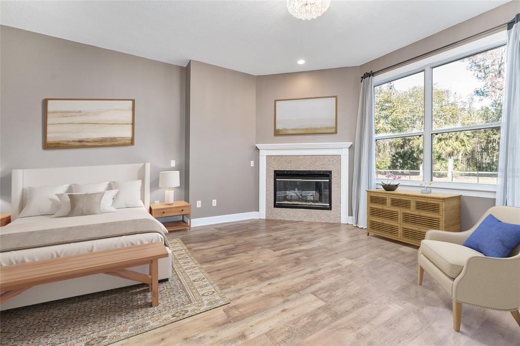 Bedroom, Fireplace, Interior, Recessed Lighting, Wood Texture Flooring