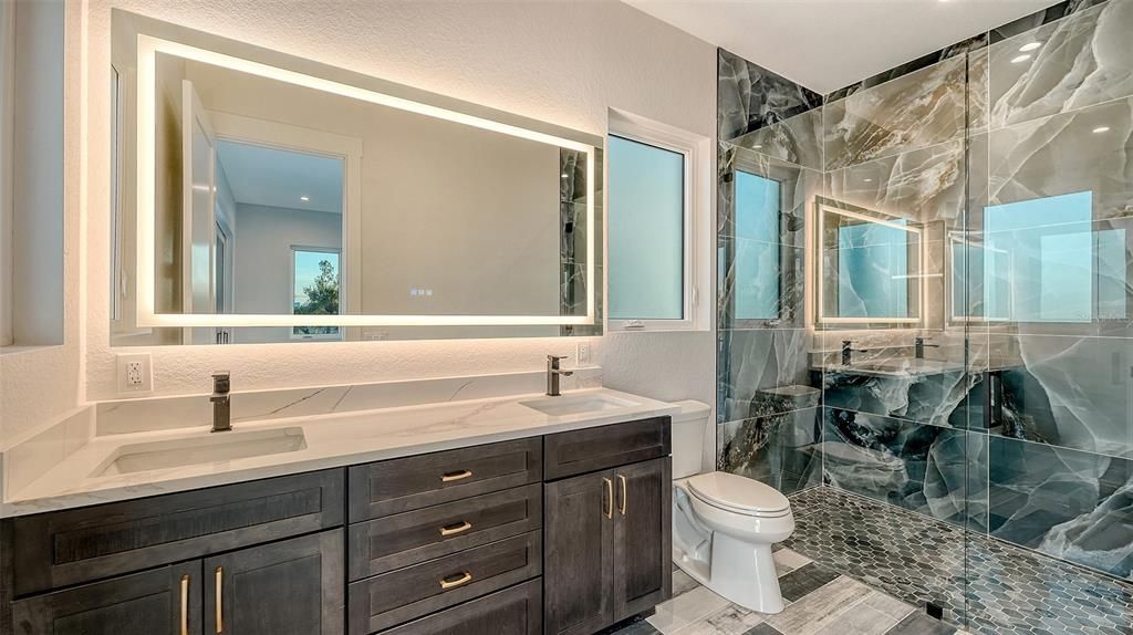 Bathroom, Dual Sink Vanities, Glass Shower, Interior, Recessed Lighting