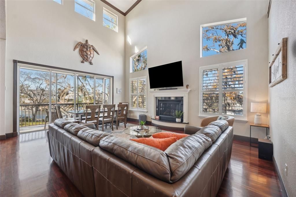 Dining room, Fireplace, Interior, Living room, Wood Texture Flooring
