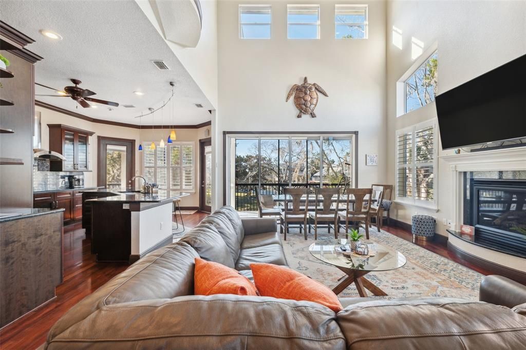 Dining room, Fireplace, Interior, Kitchen, Living room, Pendant Lights, Recessed Lighting, Wood Texture Flooring