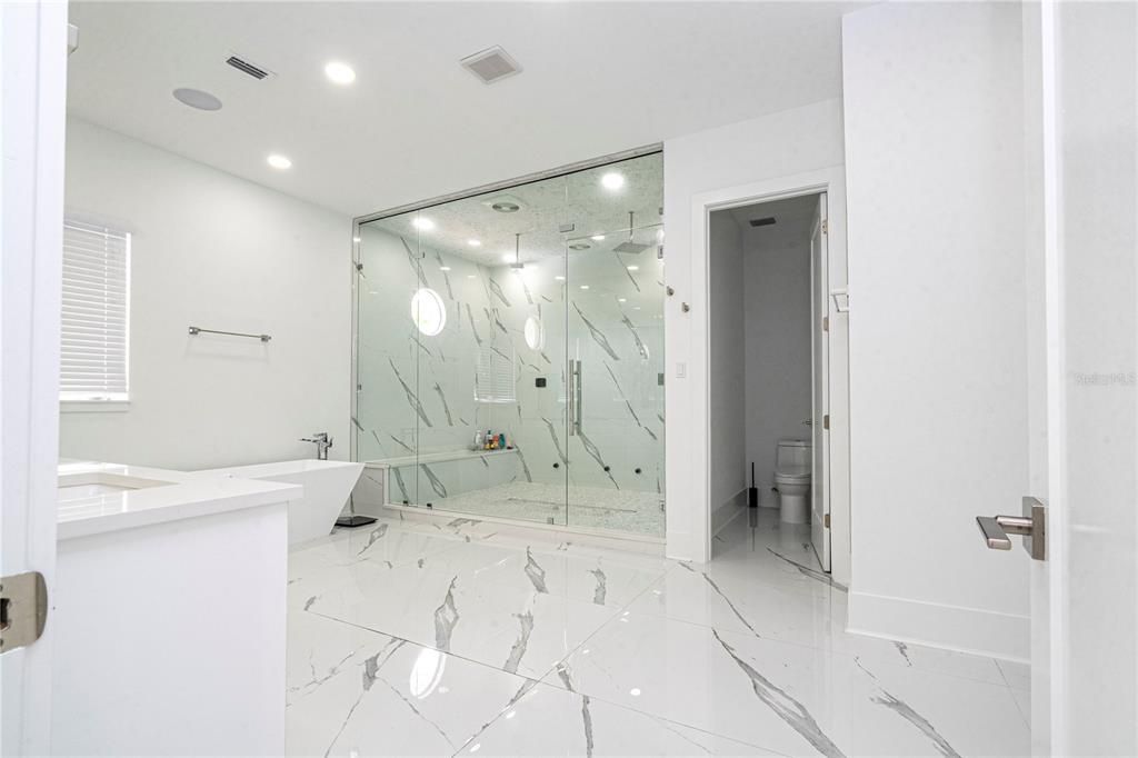 Bathroom, Glass Shower, Interior, Marble, Marble Walls, Recessed Lighting