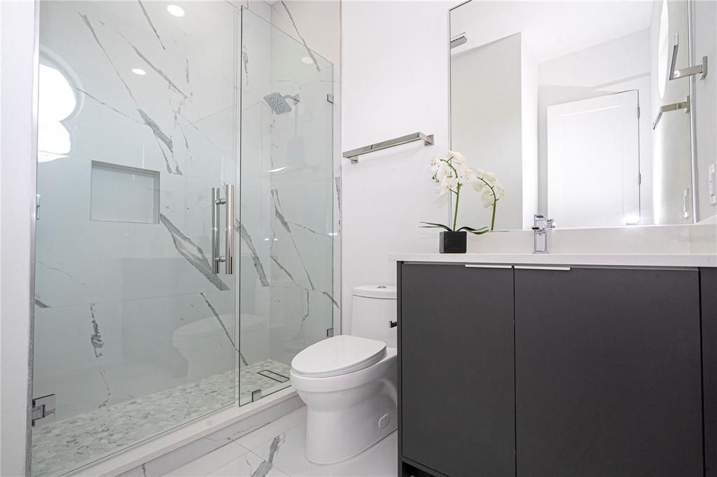 Bathroom, Glass Shower, Interior, Marble, Marble Walls, Recessed Lighting