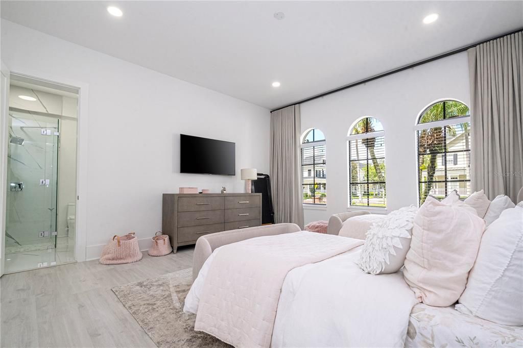 Bathroom, Bedroom, Glass Shower, Interior, Recessed Lighting, Wood Texture Flooring