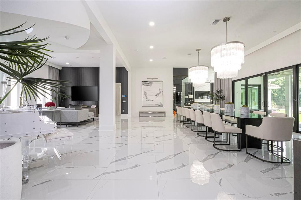 Chandelier, Dining room, Interior, Living room, Marble, Recessed Lighting