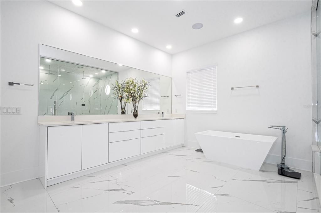 Bathroom, Dual Sink Vanities, Free Standing Baths, Glass Shower, Interior, Marble, Marble Walls, Recessed Lighting
