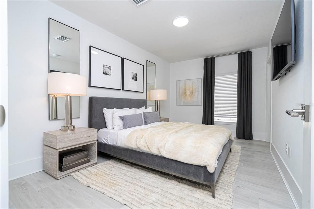 Bedroom, Interior, Recessed Lighting, Wood Texture Flooring