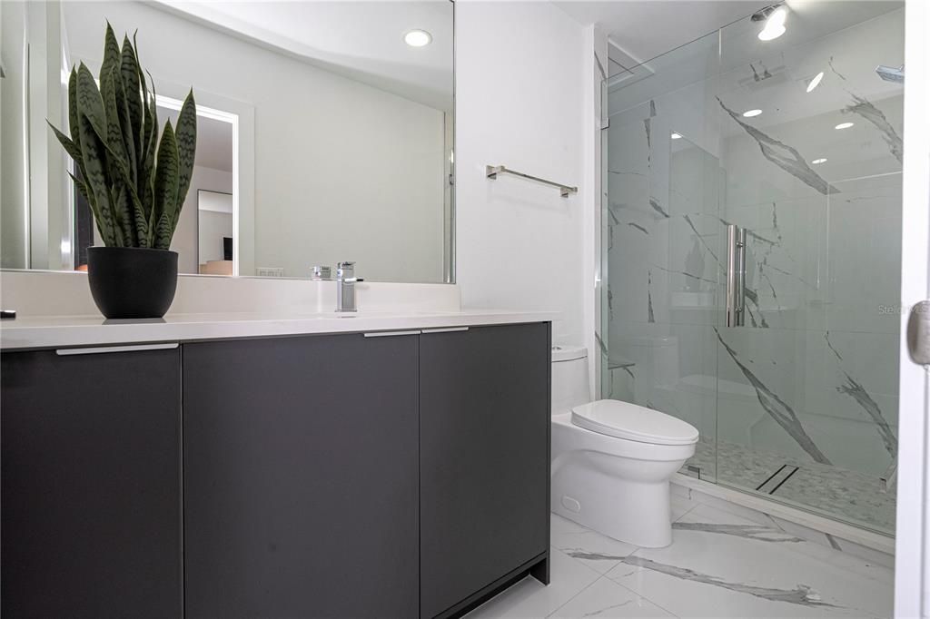 Bathroom, Glass Shower, Interior, Marble, Marble Walls, Recessed Lighting