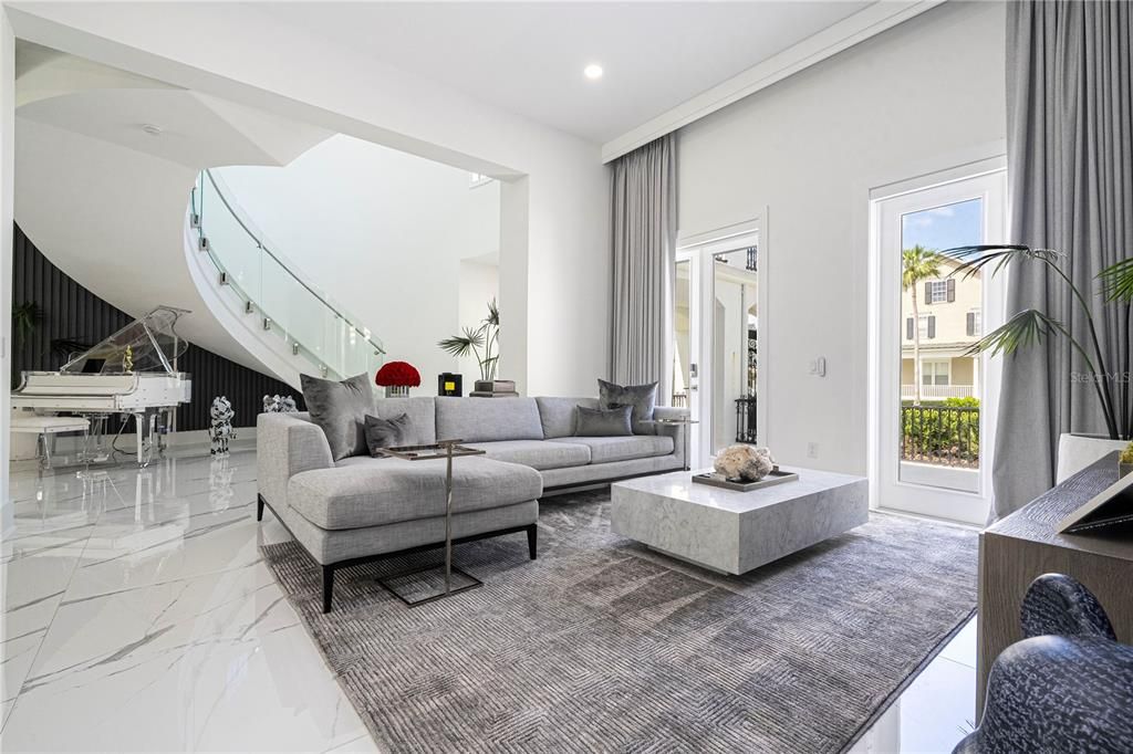 Interior, Living room, Marble, Piano, Recessed Lighting