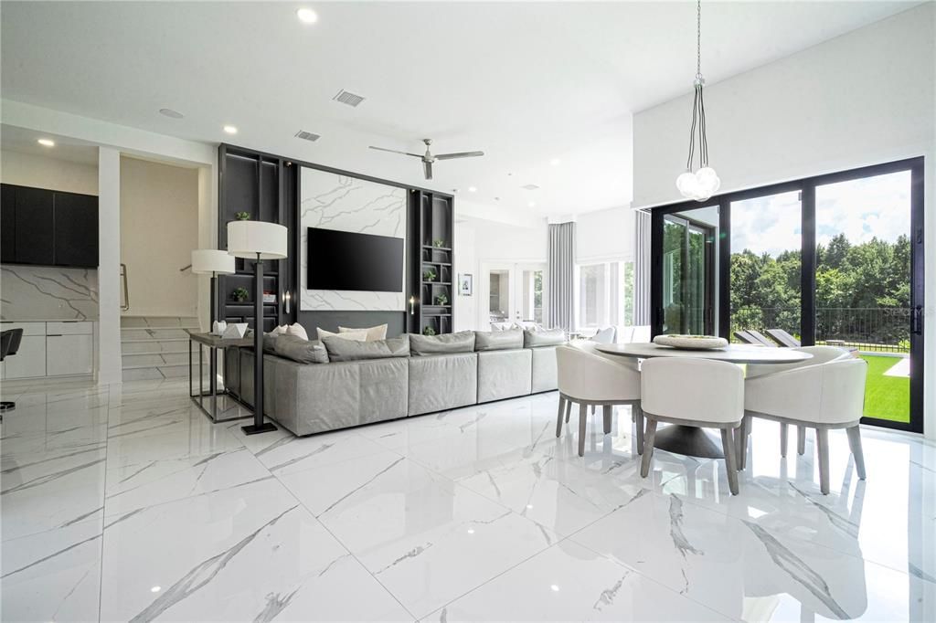Dining room, Interior, Living room, Marble, Pendant Lights, Recessed Lighting