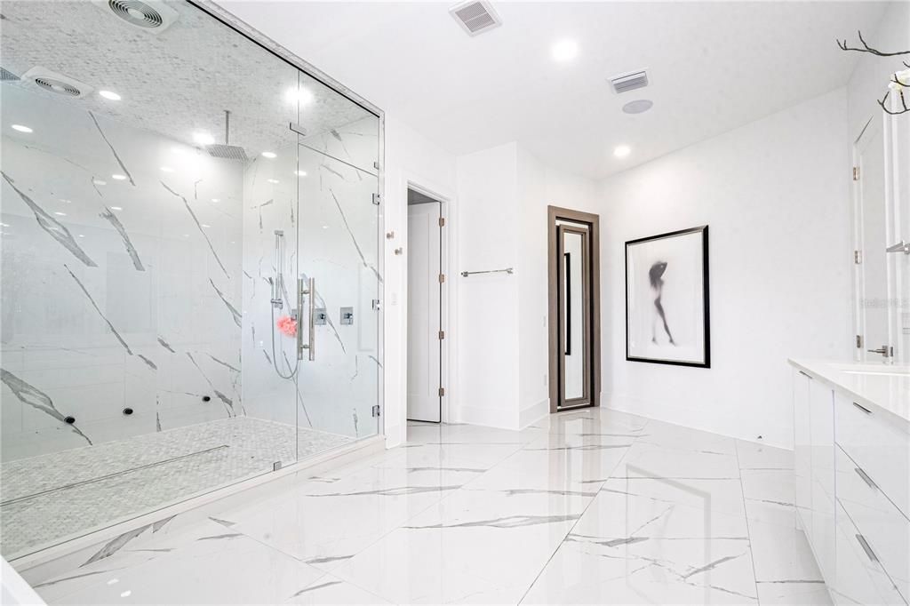 Bathroom, Glass Shower, Interior, Marble, Marble Walls, Recessed Lighting