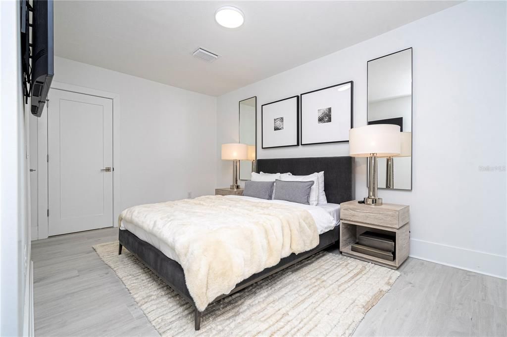 Bedroom, Interior, Recessed Lighting, Wood Texture Flooring