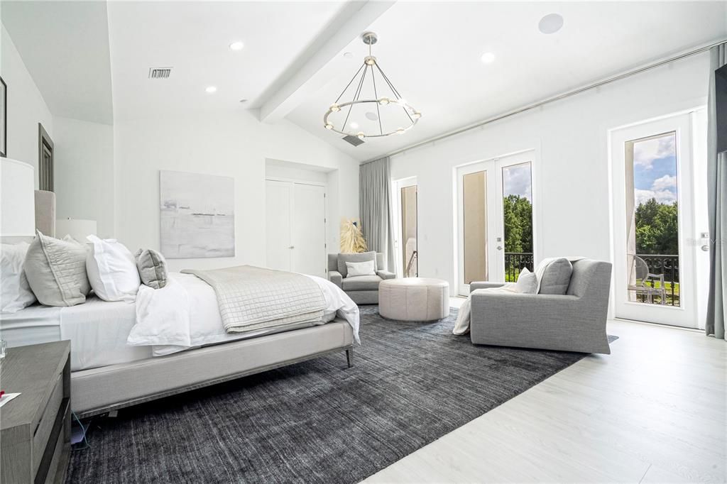 Bedroom, Interior, Pendant Lights, Recessed Lighting, Wood Texture Flooring