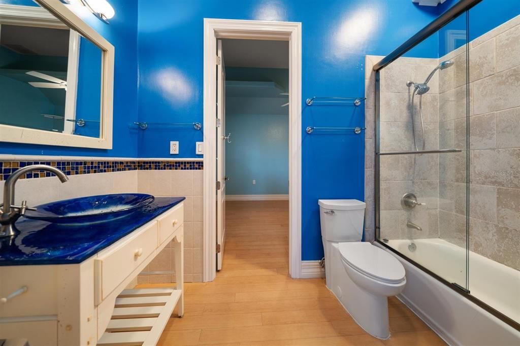Bathroom, Glass Shower, Interior, Wood Texture Flooring