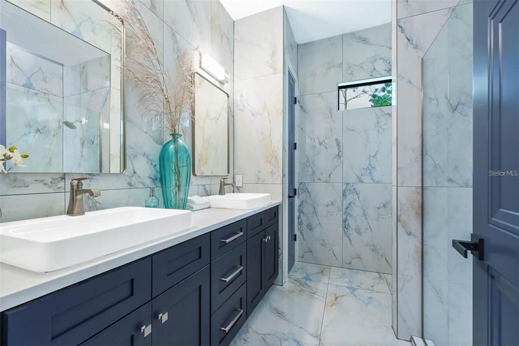 Bathroom, Dual Sink Vanities, Interior, Marble, Marble Walls