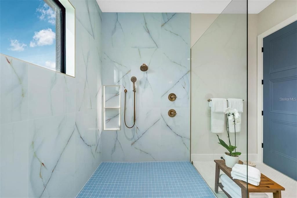 Bathroom, Glass Shower, Interior, Marble Walls