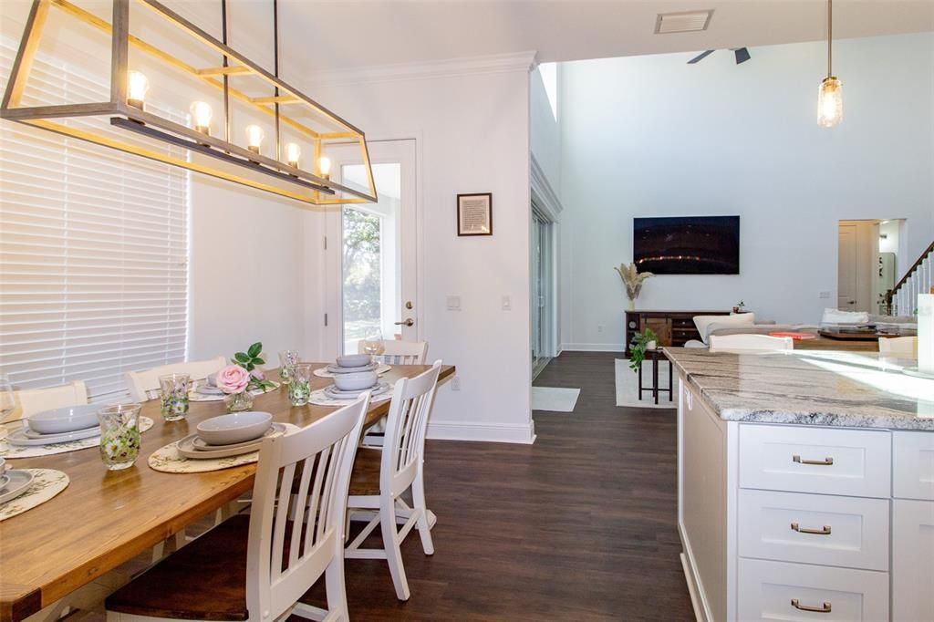 Dining room, Interior, Pendant Lights, Wood Texture Flooring