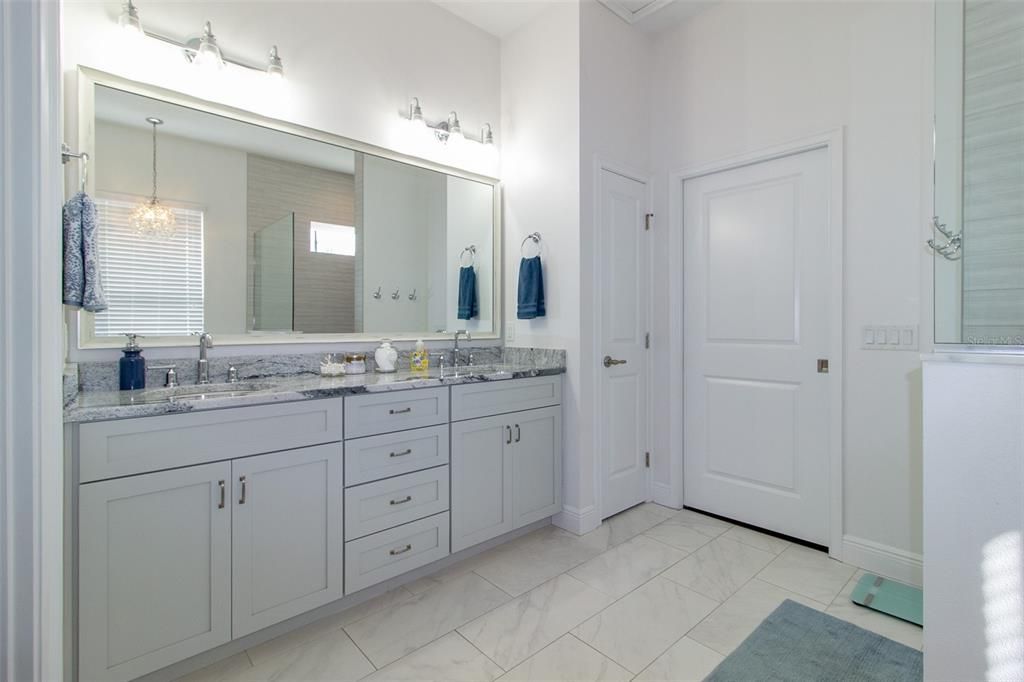 Bathroom, Dual Sink Vanities, Interior, Marble, Pendant Lights