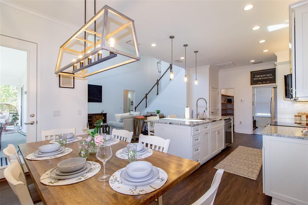 Dining room, Interior, Kitchen, Living room, Pendant Lights, Recessed Lighting, Wood Texture Flooring