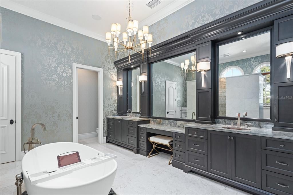 Bathroom, Chandelier, Dual Sink Vanities, Free Standing Baths, Interior, Marble, Pendant Lights, Recessed Lighting
