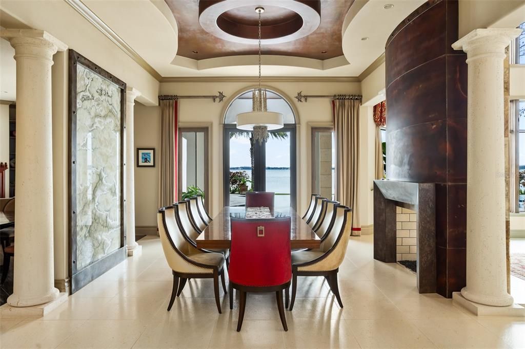 Dining room, Fireplace, Interior, Pendant Lights, Water