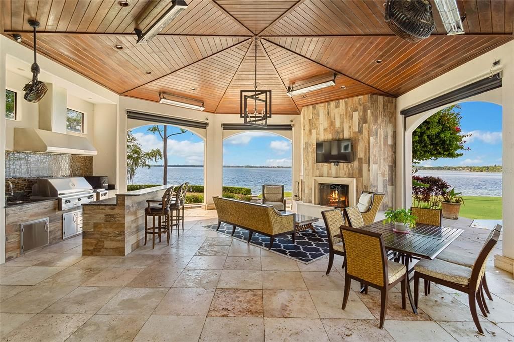Dining room, Fireplace, Interior, Pendant Lights, Water, Wooden Ceilings