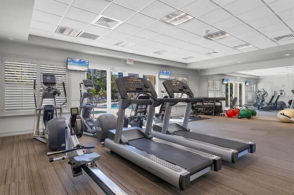 Fitness Equipment, Gym, Interior, Recessed Lighting, Wood Texture Flooring