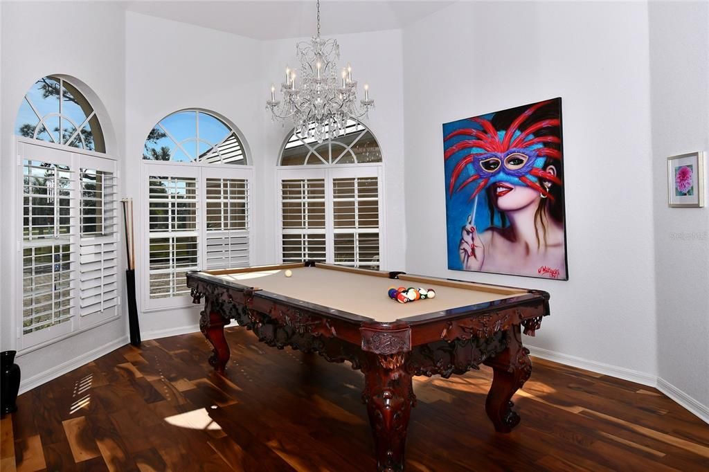 Billiard Table, Chandelier, Game Room, Interior, Wood Texture Flooring
