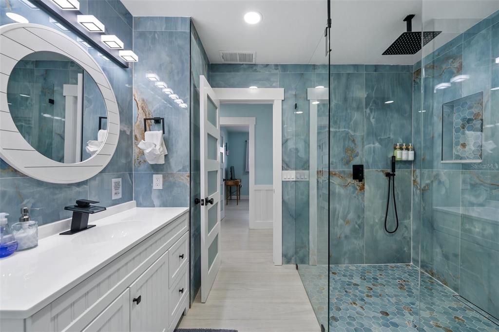 Bathroom, Dual Sink Vanities, Glass Shower, Interior, Recessed Lighting