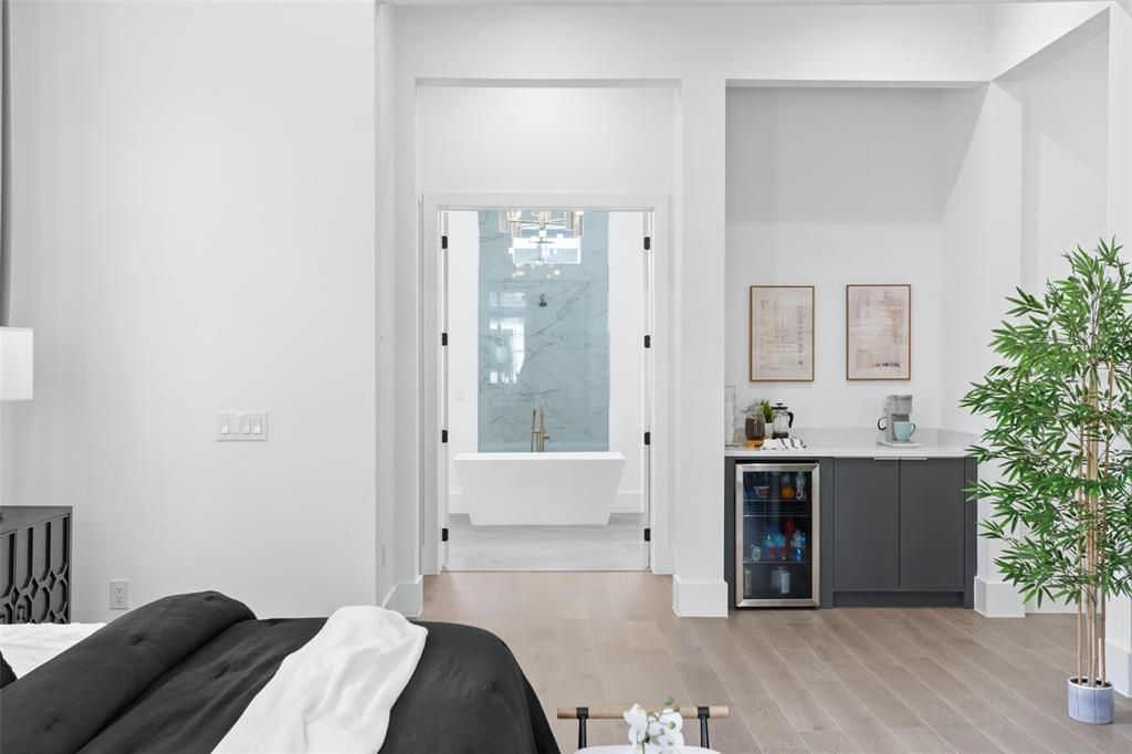 Bathroom, Free Standing Baths, Interior, Marble Walls, Wood Texture Flooring