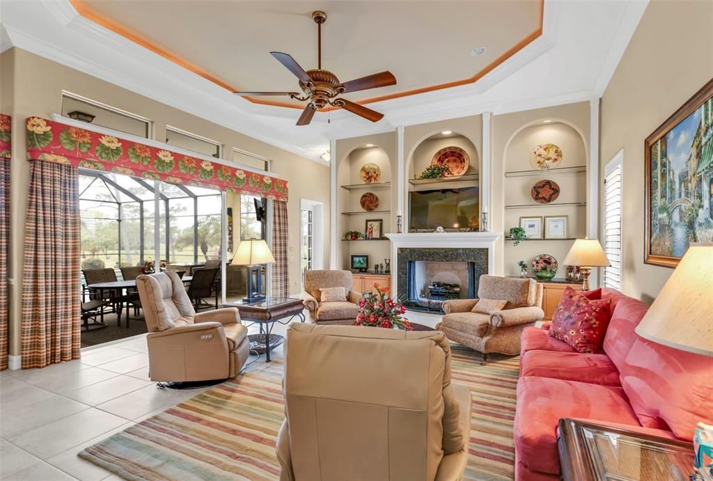 Dining room, Fireplace, Interior, Living room, Recessed Lighting, Sun Room