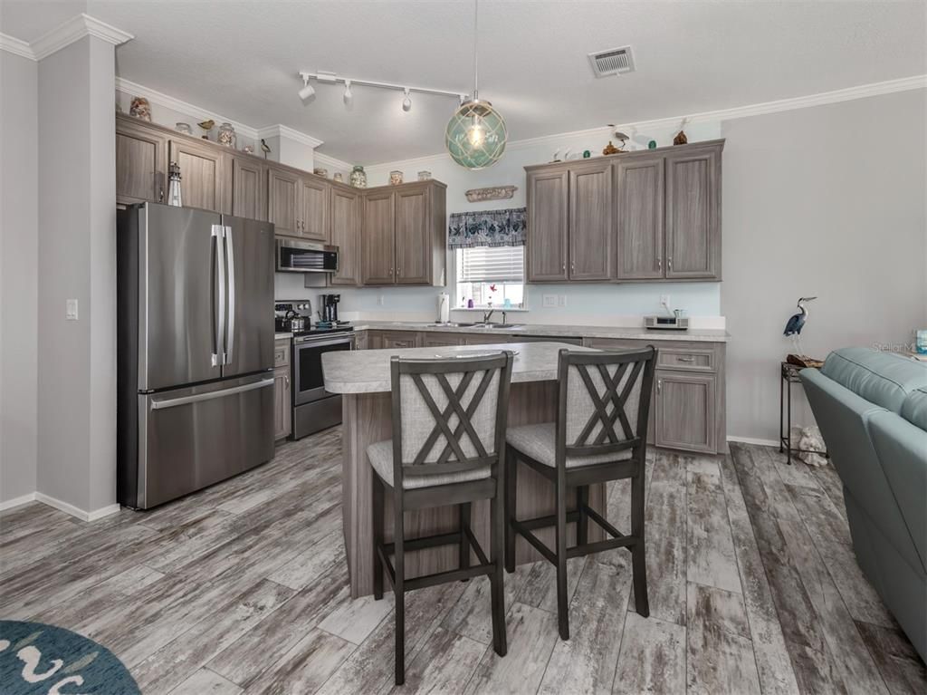 Interior, Kitchen, Pendant Lights, Stainless Steel Appliances, Wood Texture Flooring