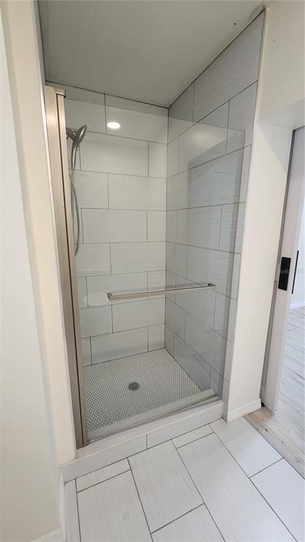 Bathroom, Glass Shower, Interior, Recessed Lighting, Wood Texture Flooring