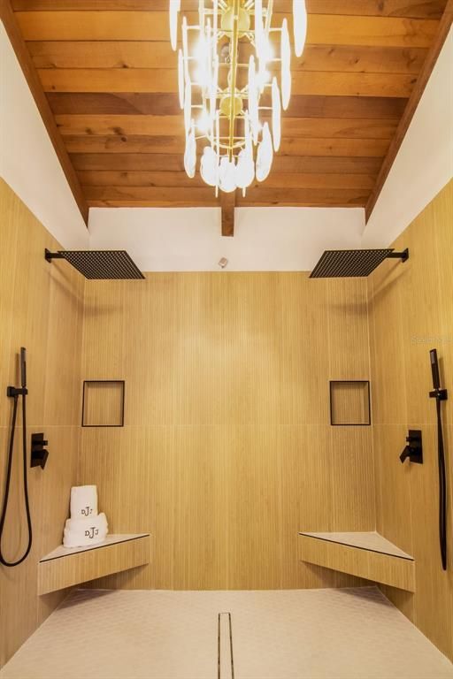 Bathroom, Chandelier, Interior, Wooden Ceilings, Wooden Walls