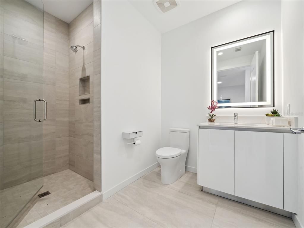 Bathroom, Glass Shower, Interior, Recessed Lighting